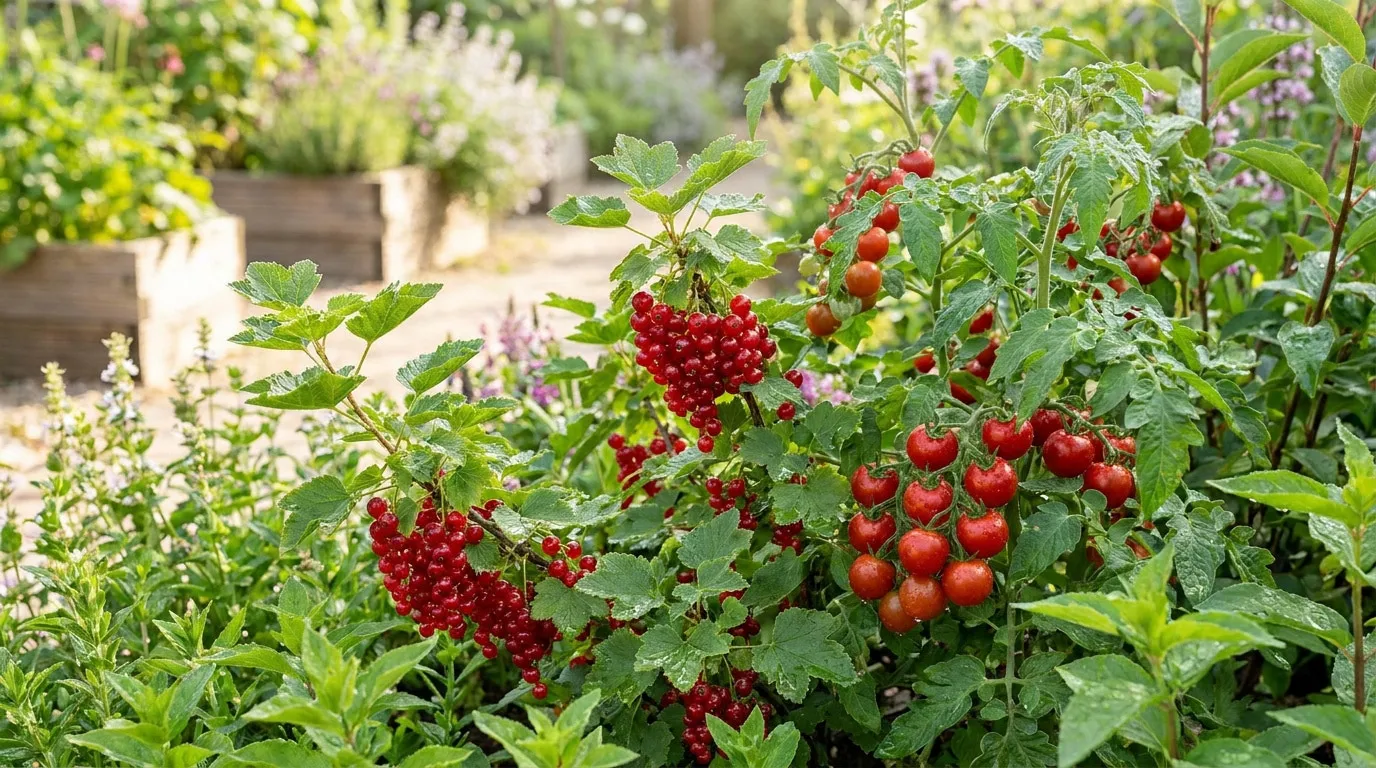 Grappes de groseilles rouges et tomates cerises mûres poussant côte à côte dans un jardin potager ensoleillé.