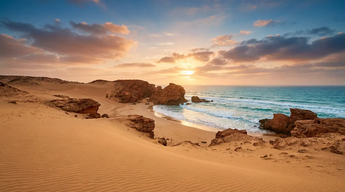 Coucher de soleil doré sur une plage sauvage marocaine entourée de dunes de sable et de formations rocheuses.