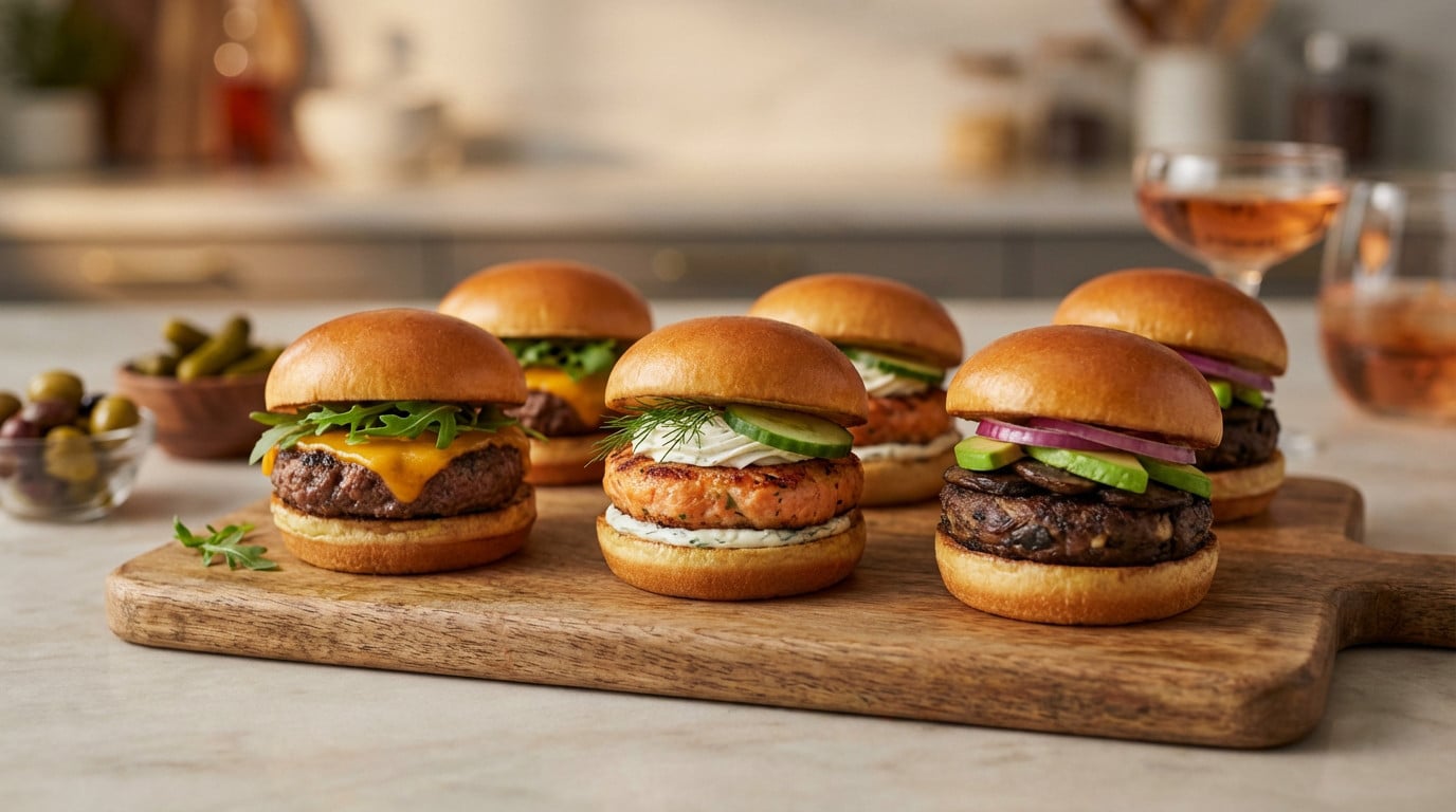 Variété de burgers sur une planche en bois.