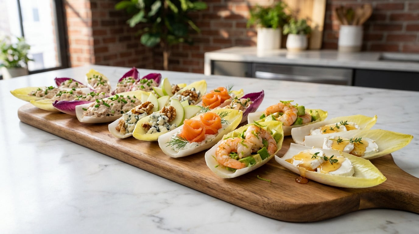 Recettes apéritif endives : des idées chics et faciles Hors d'œuvre variés sur une planche en bois.