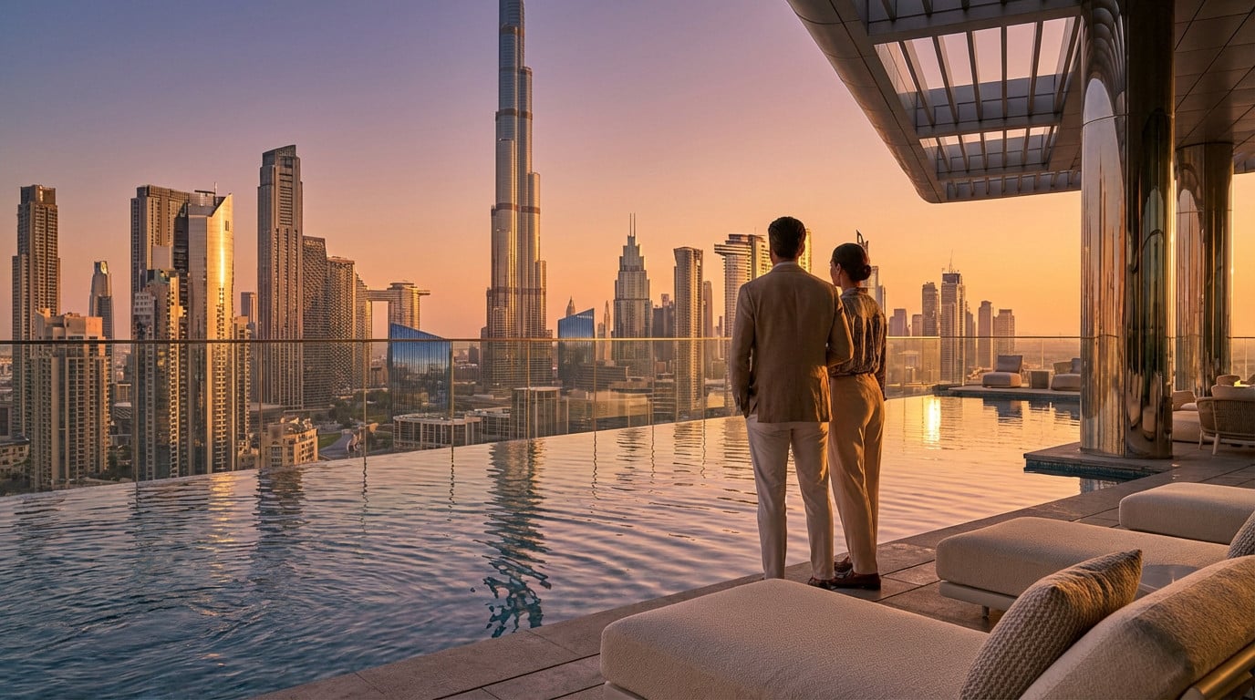Voyager à Dubaï avec Emirates Holidays : offres et conseils pratiques Couple admirant la ville au coucher du soleil.