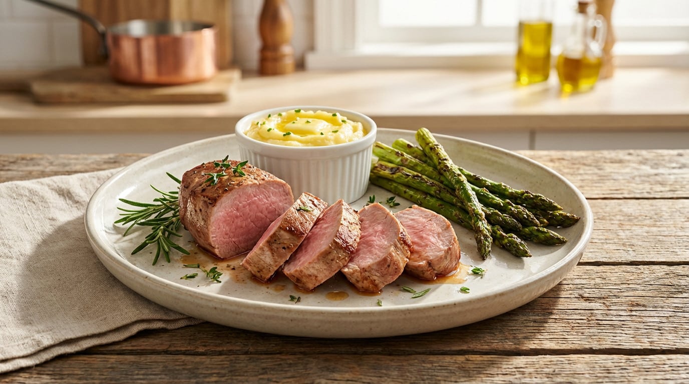 Filet mignon de porc : 25 accompagnements savoureux pour le sublimer Plat de viande avec purée et asperges