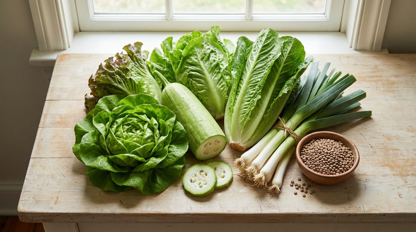 Légumes en L : liste complète et simple avec exemples Légumes frais sur une table en bois.