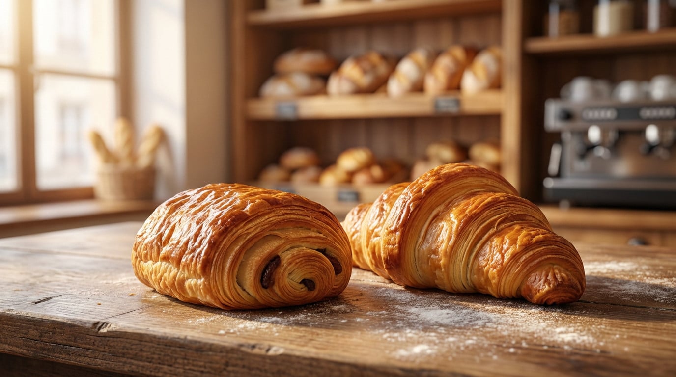 Prix du pain au chocolat en boulangerie : repères et explications Deux viennoiseries dorées sur une table en bois.