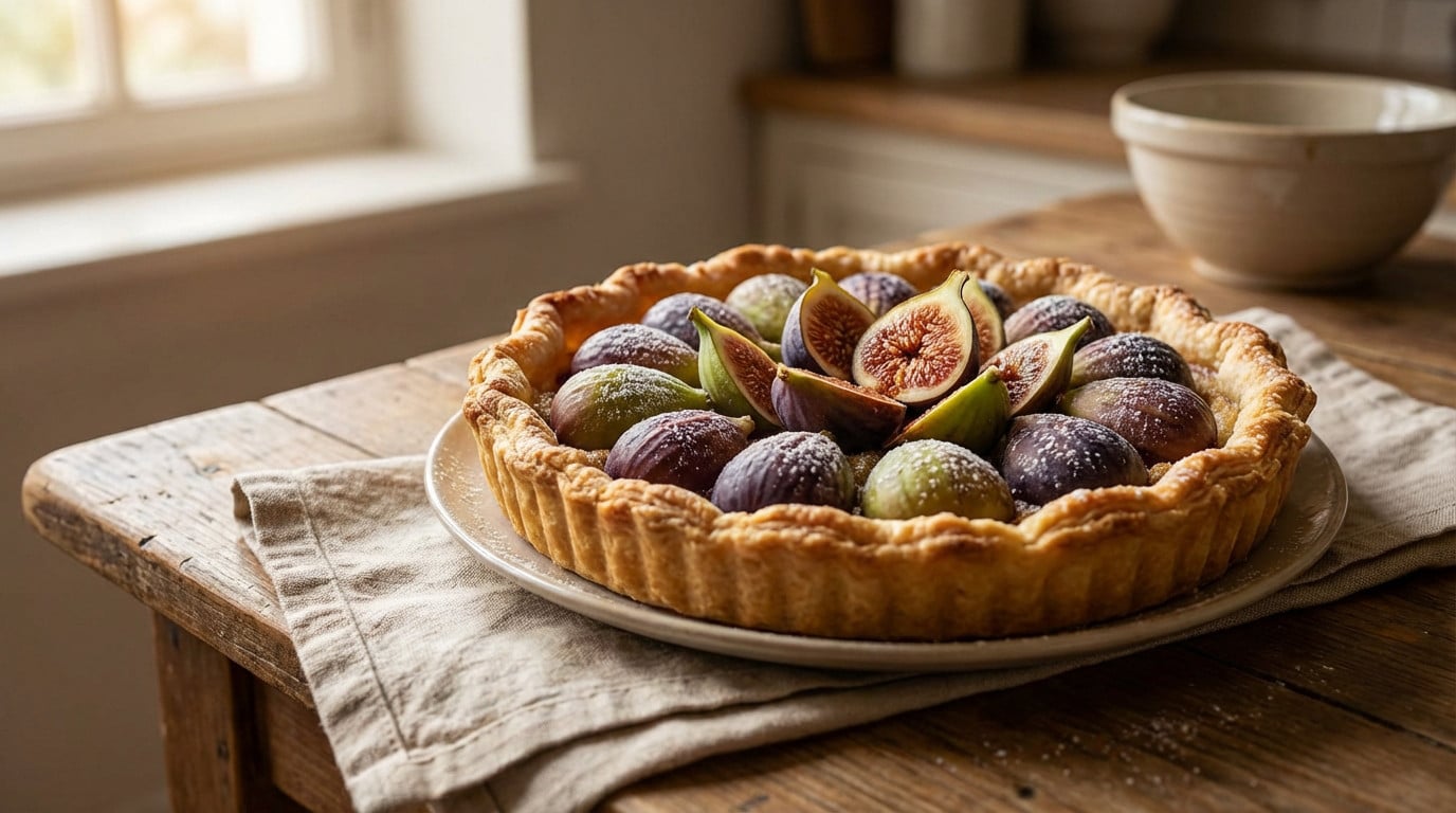 Tarte aux figues grand-mère : le secret du croustillant Tarte aux figues sur une table en bois.