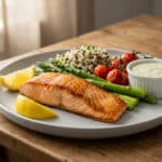 Saumon grillé avec légumes et sauce.