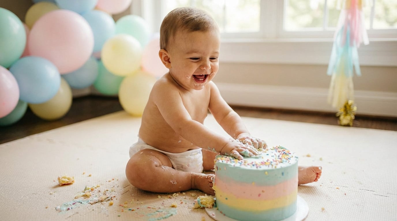 Cake smash cakes : idées, conseils et inspirations pour une fête réussie Bébé heureux en train de jouer avec un gâteau.