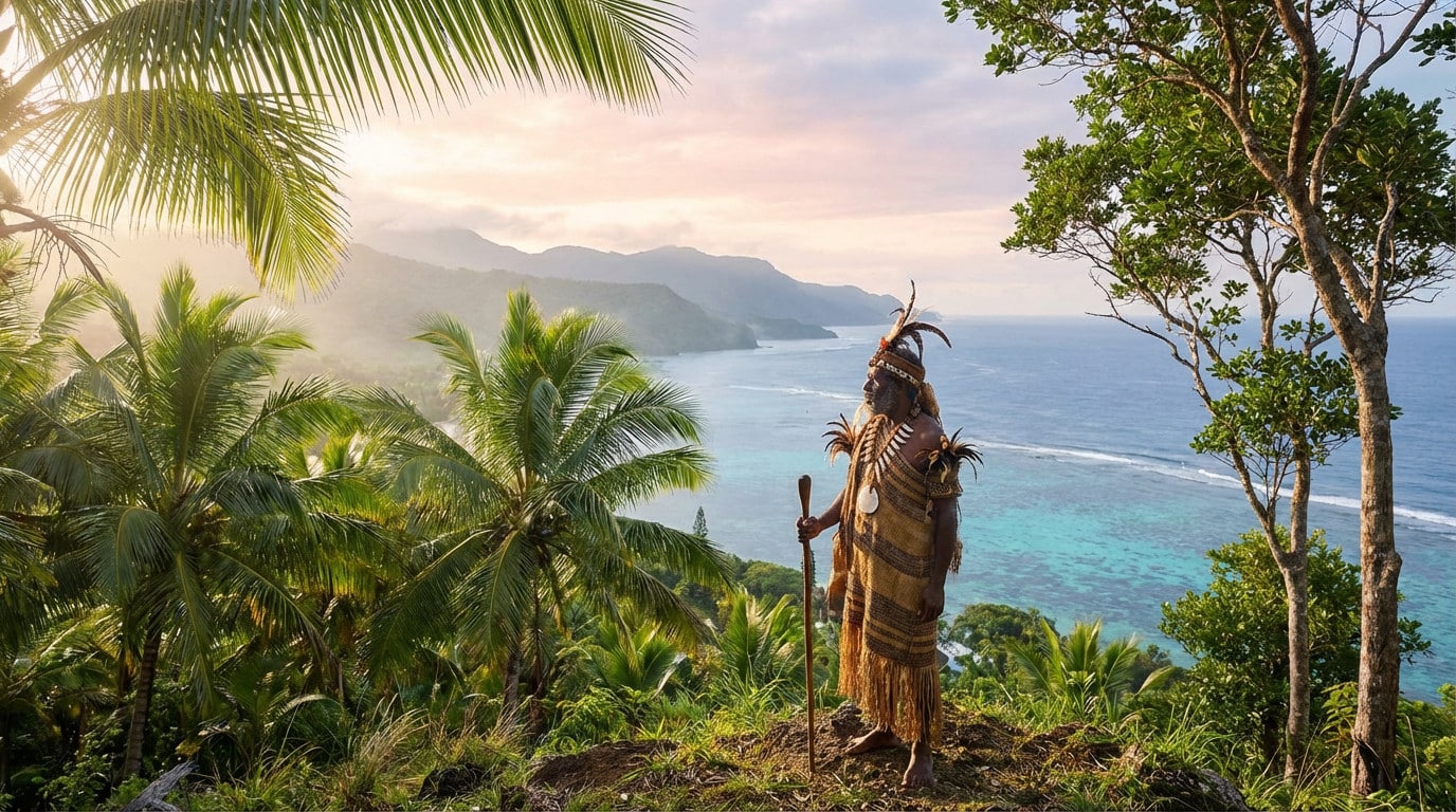 Patchili : portrait d’un chef kanak et symbole de résistance Un homme en tenue traditionnelle face à l'océan.