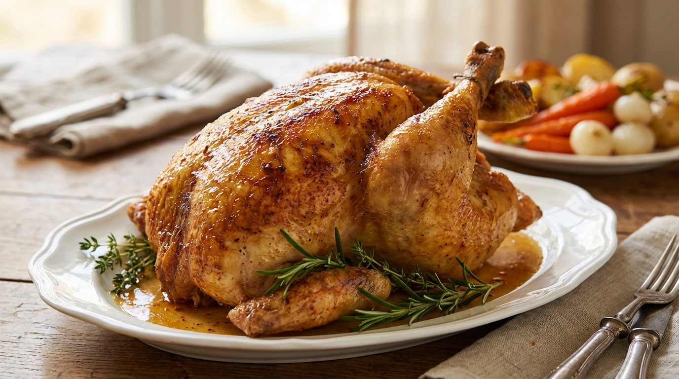 Cuisson rôti chapon au four : l'astuce du moelleux Poulet rôti doré sur un plat avec garniture.