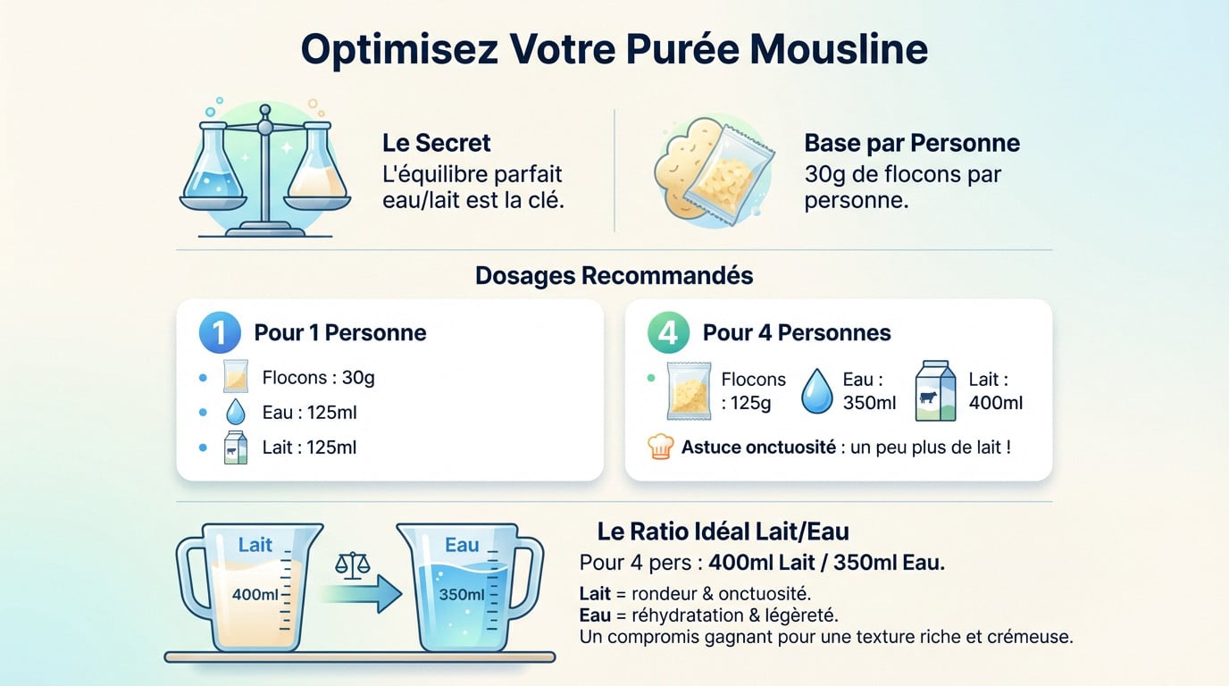 Préparation purée mousline avec dosage lait et eau précis pour une texture parfaite