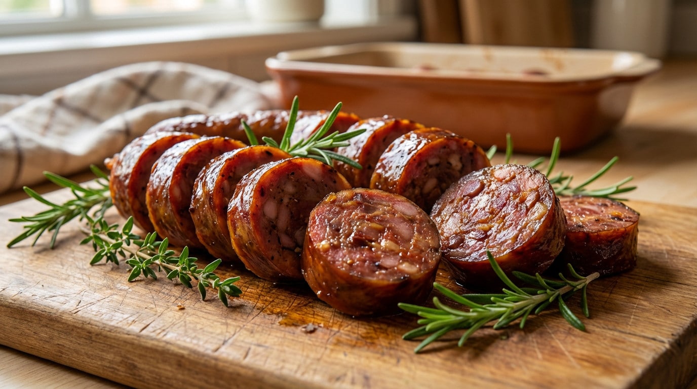 Saucisson tranché sur une planche en bois.
