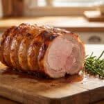 Rouelle de porc moelleuse : le secret d'une viande fondante Rôti de viande sur une planche en bois.