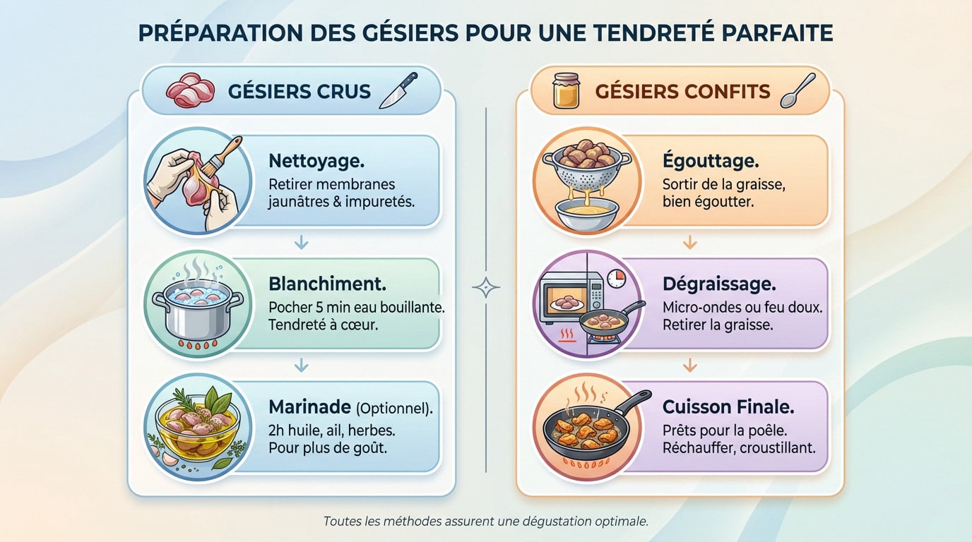 Cuisson gésiers poêle : le secret d'une tendreté parfaite Préparation minutieuse des gésiers de volaille crus avant la cuisson
