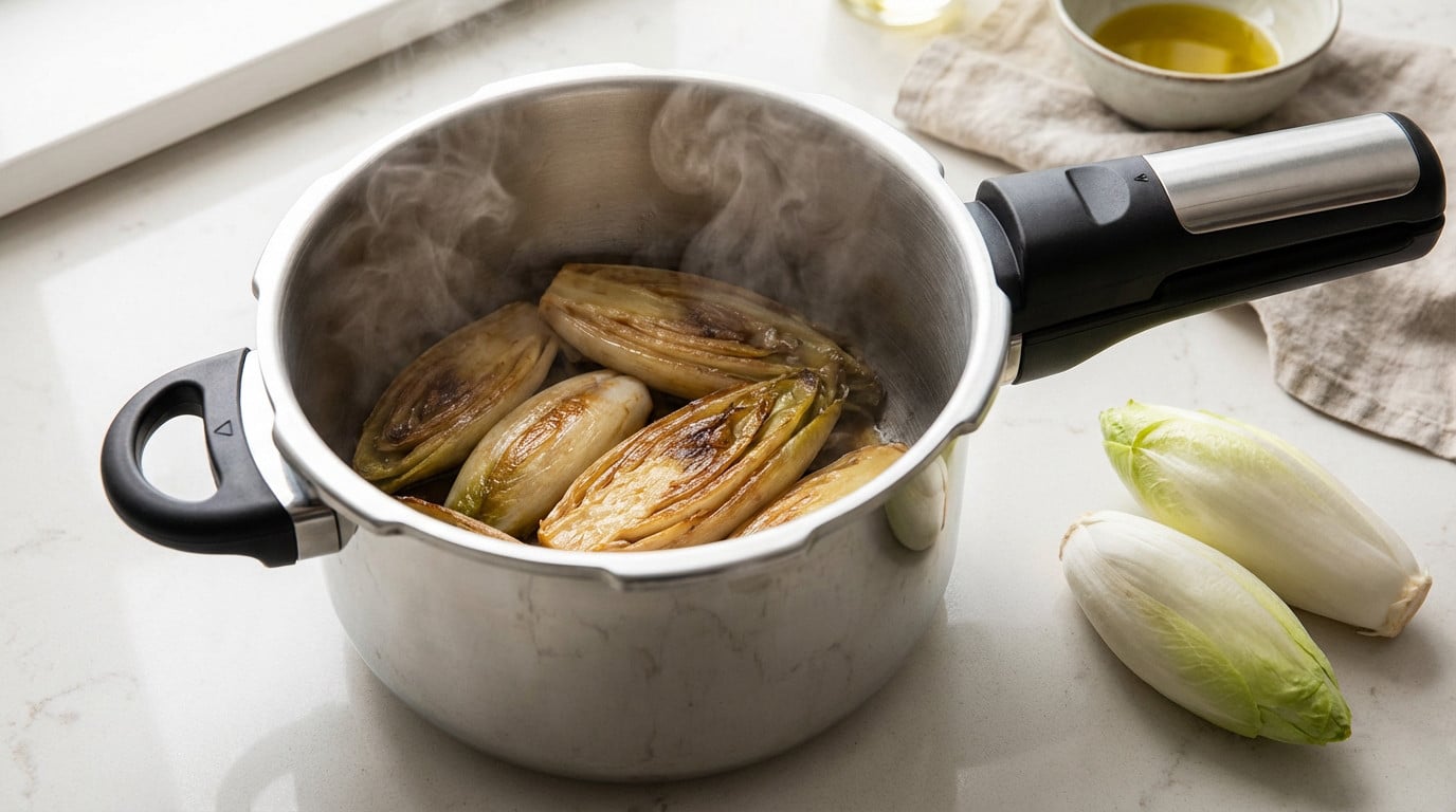 Cuisson endives cocotte minute : le secret sans amertume Endives cuites à la vapeur dans une casserole.