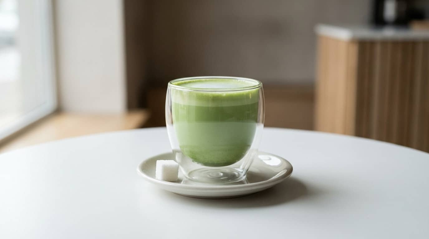 Tasse de matcha sur une soucoupe blanche.
