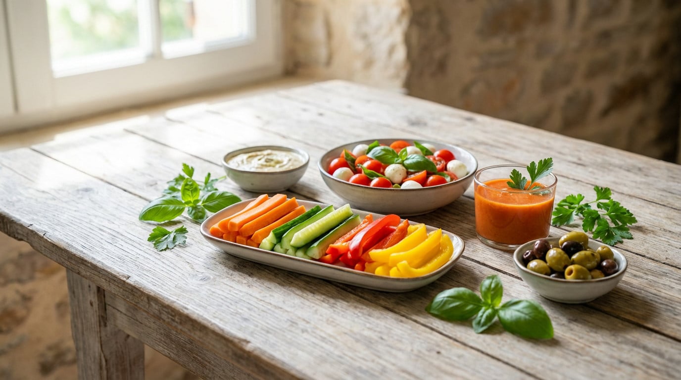 Assortiment de légumes et dips sur une table en bois.