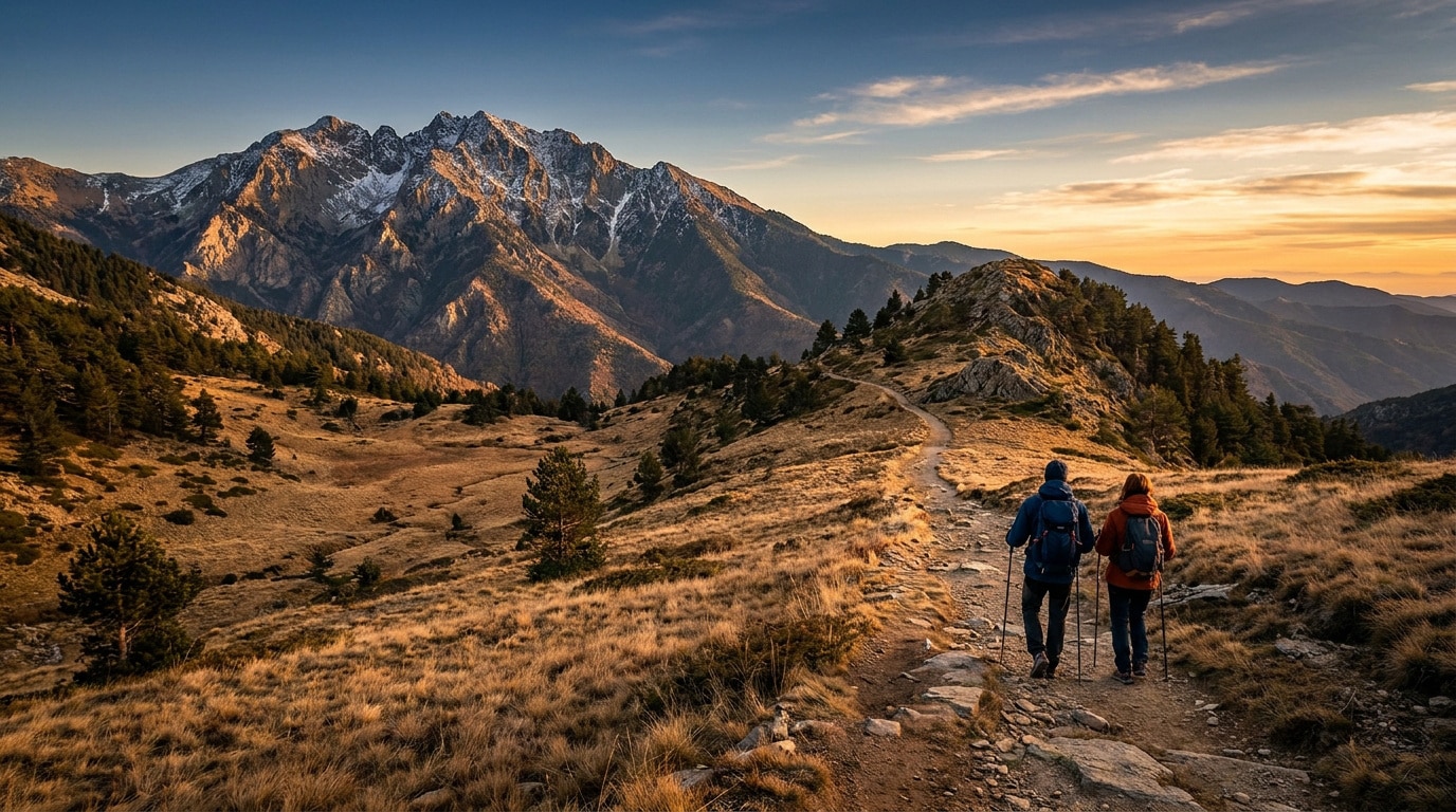 Un couple de randonneurs marchant sur un sentier de montagne face au Canigou sous une lumière dorée.