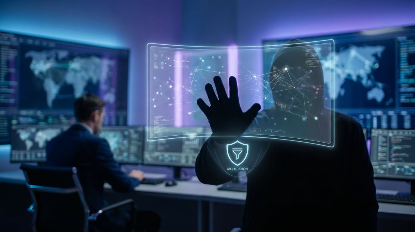 Une personne encapuchonnée manipule une interface holographique de modération devant des écrans de contrôle.