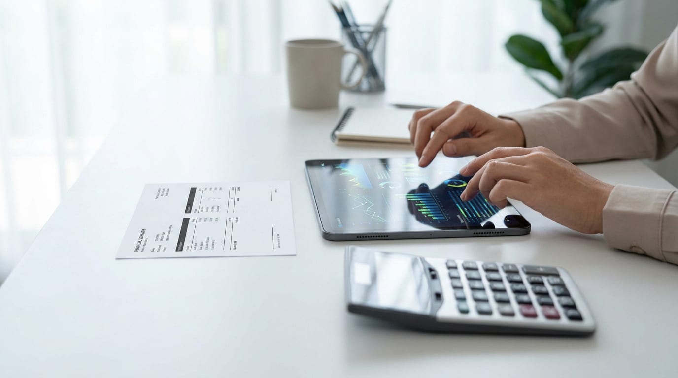 Mains travaillant sur une tablette numérique affichant des graphiques financiers à côté d'une calculatrice et de documents.