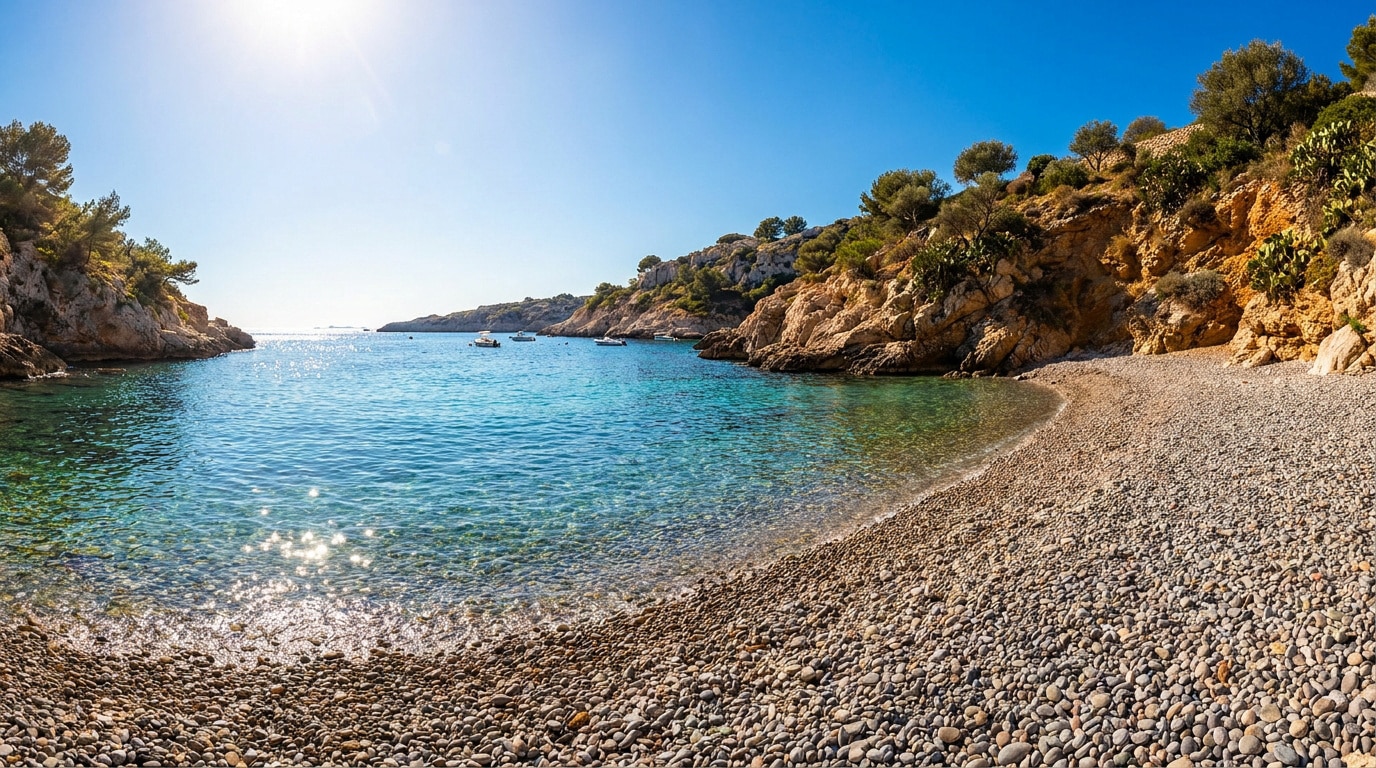 Plage de galets bordée par des falaises rocheuses et une eau cristalline à Marseille.