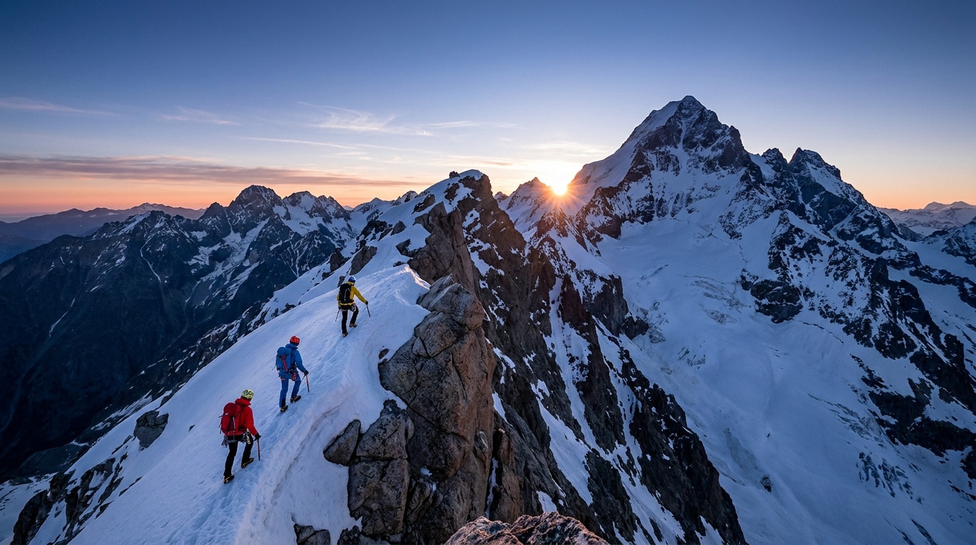 Trois alpinistes progressent sur une crête neigeuse escarpée au lever du soleil avec la Barre des Écrins en arrière-plan.