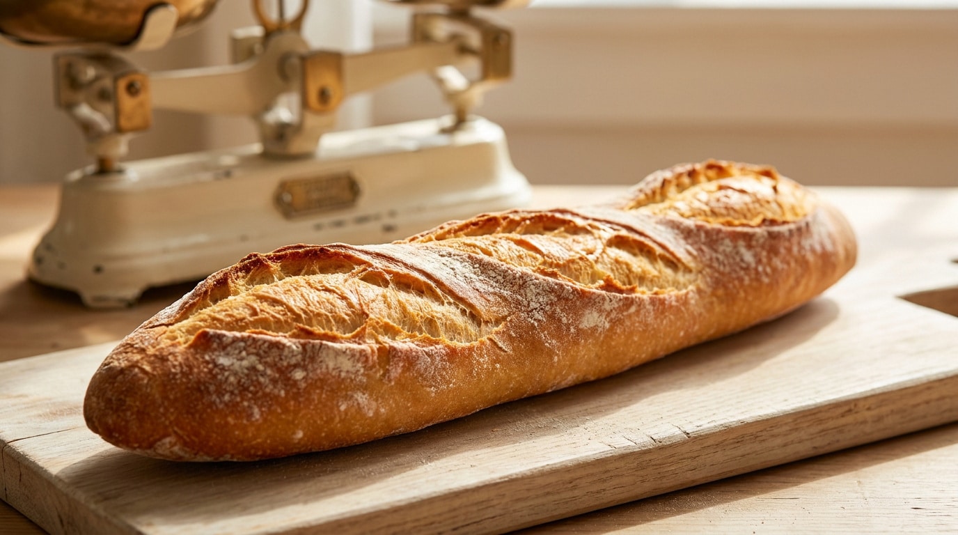 Une baguette de tradition dorée posée sur une planche en bois devant une balance de cuisine vintage.
