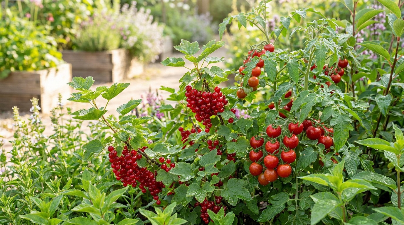 Grappes de groseilles rouges et tomates cerises mûres poussant côte à côte dans un jardin potager ensoleillé.