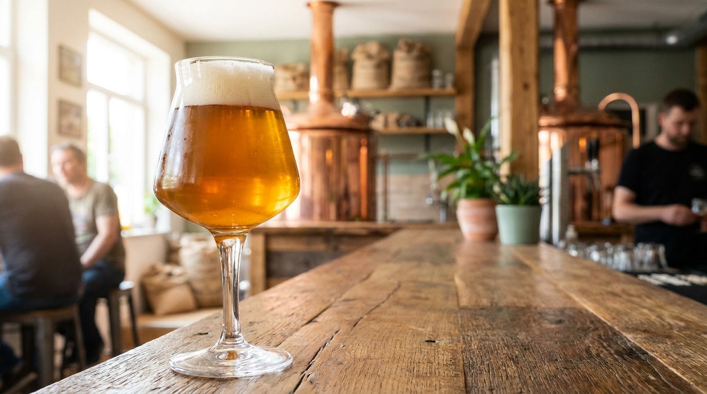 Un verre de bière blonde artisanale posé sur un comptoir en bois dans une brasserie avec des cuves en cuivre en arrière-plan.