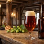 Une bouteille et un verre de bière ambrée posés sur un comptoir en bois dans une ambiance de taverne chaleureuse.