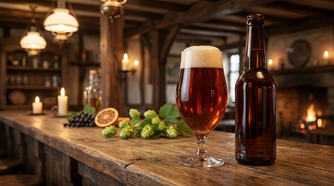 Une bouteille et un verre de bière ambrée posés sur un comptoir en bois dans une ambiance de taverne chaleureuse.