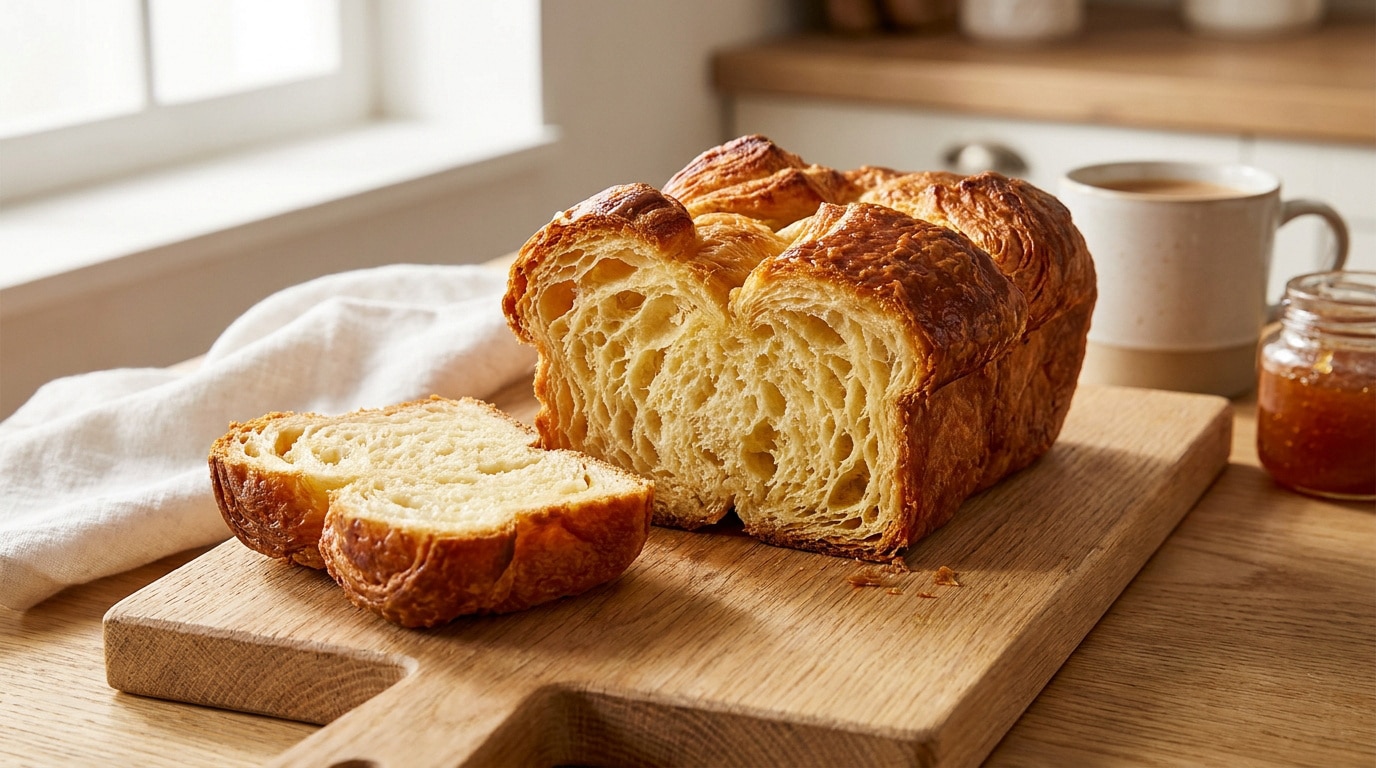Une brioche feuilletée coupée en tranches sur une planche en bois, avec une tasse de café et un pot de confiture.