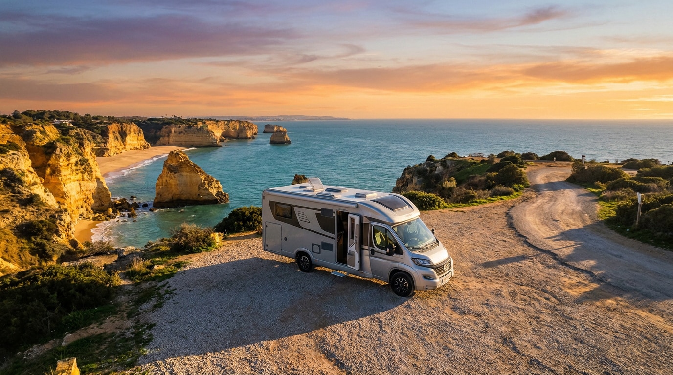 Camping-car stationné sur une falaise surplombant la mer au coucher du soleil au Portugal.
