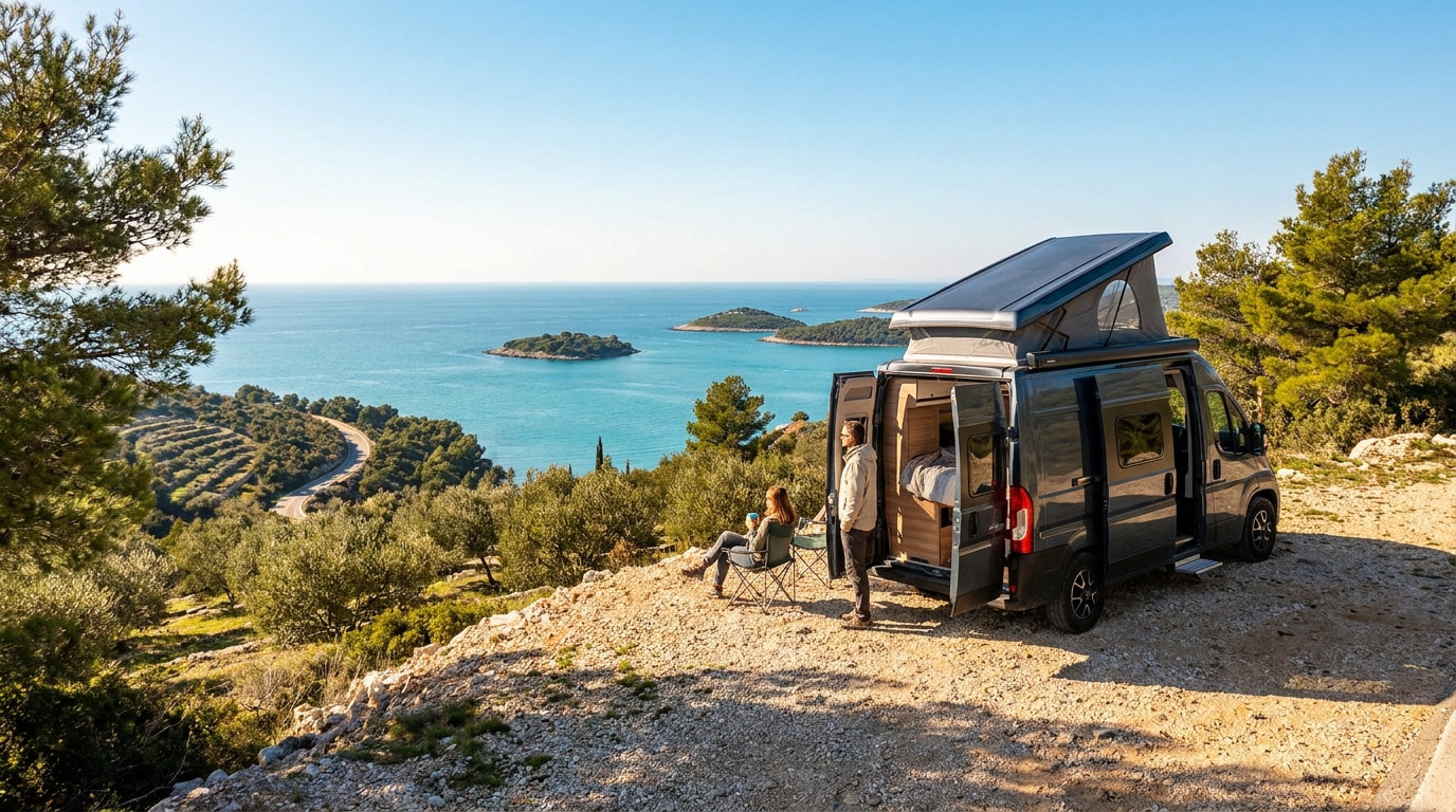 Un couple profite de la vue sur la mer Adriatique depuis leur camping-car aménagé stationné sur une colline.