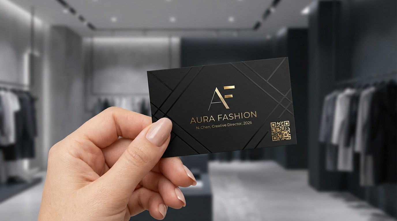 Main tenant une carte de visite noire élégante avec logo doré "AF" et QR code dans une boutique de mode moderne.