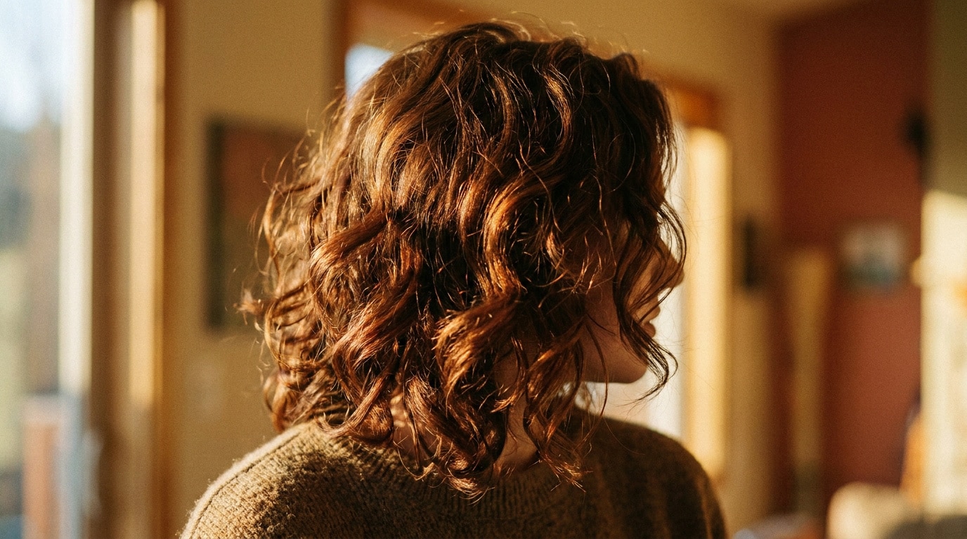 Femme aux cheveux bouclés châtain cuivré illuminés par la lumière dorée du soleil.