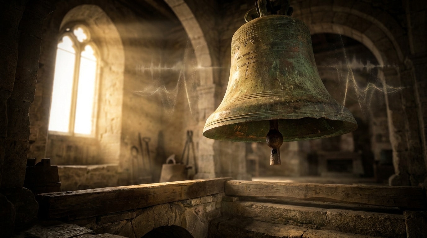 Tout savoir sur le bruit cloche et ses secrets acoustiques Une cloche en bronze suspendue dans un clocher en pierre avec des ondes sonores visibles dans la lumière.