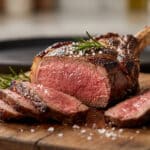 Côte de bœuf grillée et tranchée sur une planche en bois avec du romarin et du gros sel.