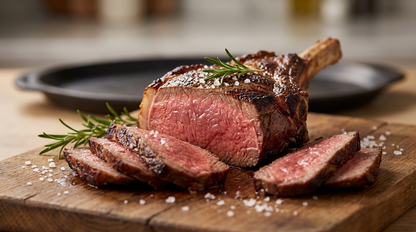 Maîtriser la cuisson de votre côte de bœuf à la perfection Côte de bœuf grillée et tranchée sur une planche en bois avec du romarin et du gros sel.