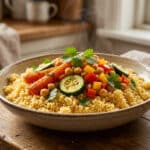 Un bol de couscous végétarien avec des légumes rôtis et des pois chiches fumants sur une table en bois.