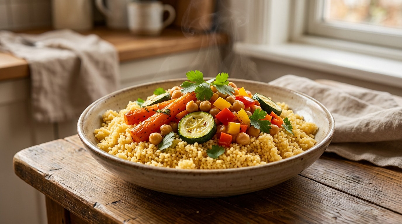Un bol de couscous végétarien avec des légumes rôtis et des pois chiches fumants sur une table en bois.