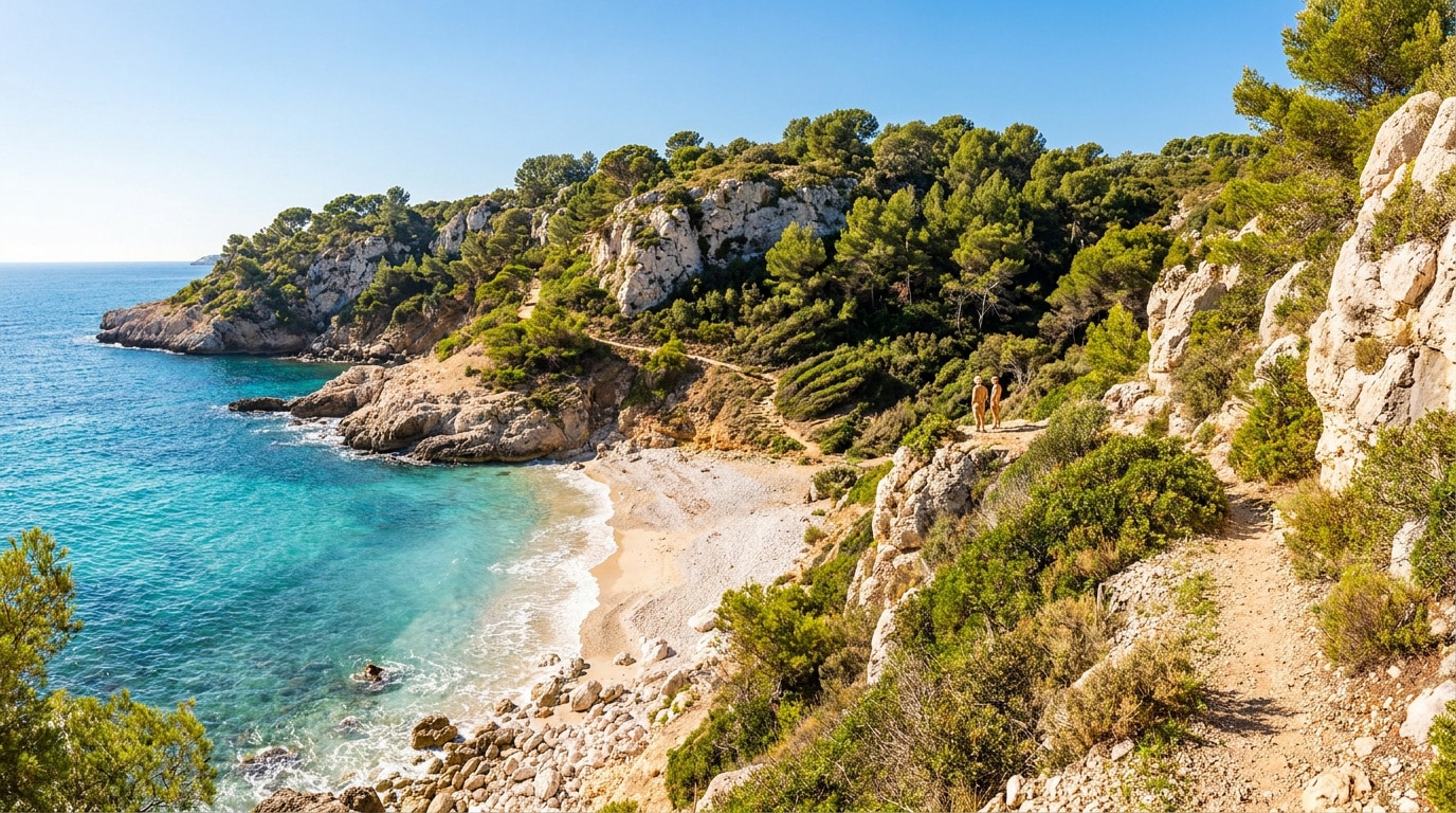 Vue panoramique d'une crique sauvage aux eaux turquoise entourée de falaises et de pins à Saint-Cyr-sur-Mer.