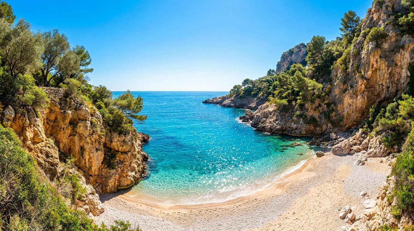 Tout savoir sur la plage des Pissarelles à Cap d'Ail Une crique sauvage aux eaux turquoise entourée de falaises rocheuses et de végétation à la plage des Pissarelles.