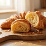 Gros plan sur des croissants au beurre frais sur une planche en bois dans une cuisine lumineuse.