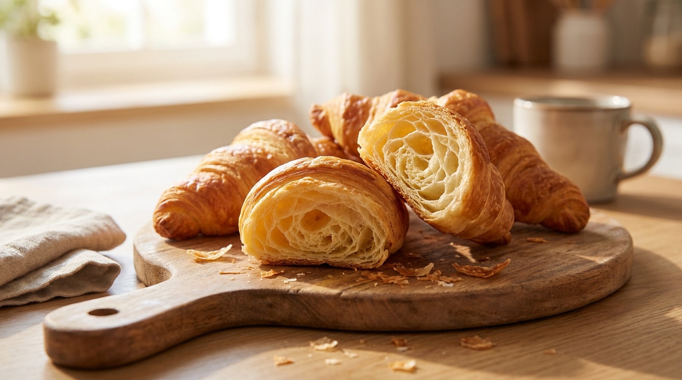 Gros plan sur des croissants au beurre frais sur une planche en bois dans une cuisine lumineuse.