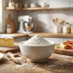 Un bol de farine de riz entouré de mochis, d'un morceau de gâteau et d'une pizza sur une table de cuisine en bois.