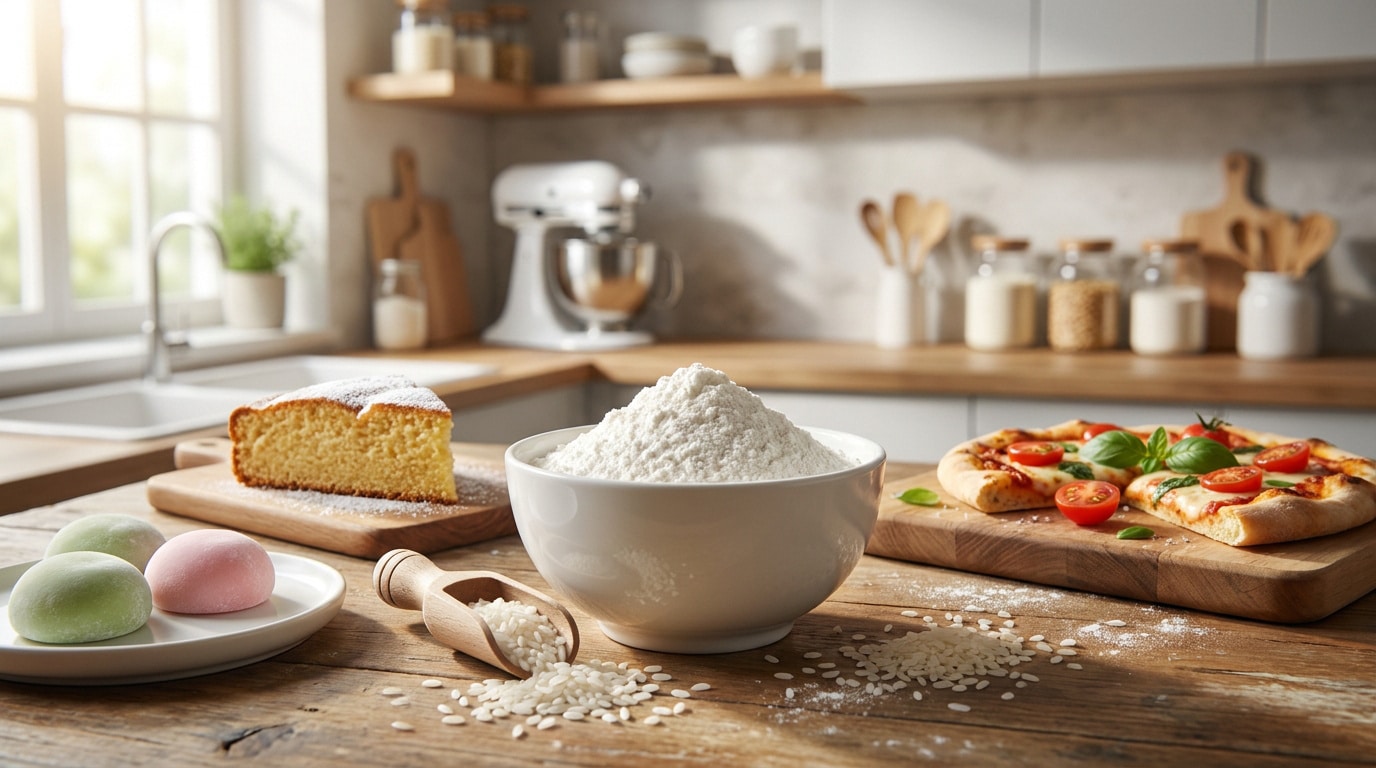 Un bol de farine de riz entouré de mochis, d'un morceau de gâteau et d'une pizza sur une table de cuisine en bois.
