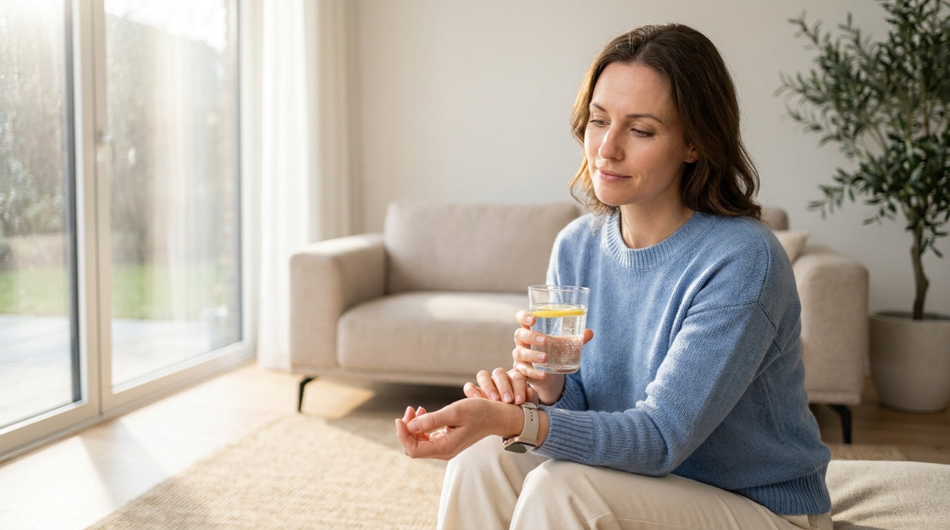 Tension faible que faire : nos conseils pour réagir vite Femme assise avec un verre d'eau, vérifiant ses signes vitaux sur sa montre connectée dans un salon lumineux.