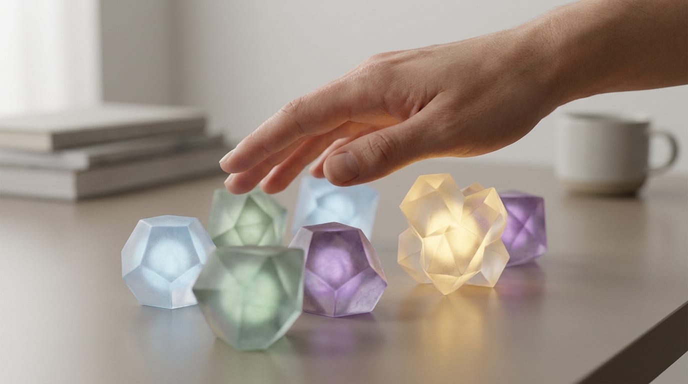 Une main s'approche de formes géométriques lumineuses et colorées posées sur une table.