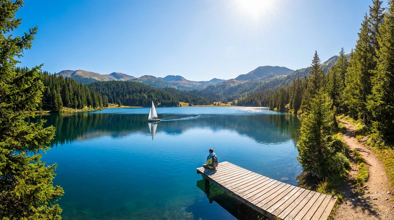 Une personne assise sur un ponton en bois regarde un lac alpin entouré de sapins avec un petit voilier au loin.