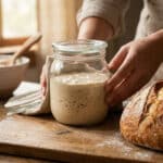 Mains d'une personne tenant un bocal de levain actif à côté d'un pain au levain fraîchement cuit sur une table en bois.